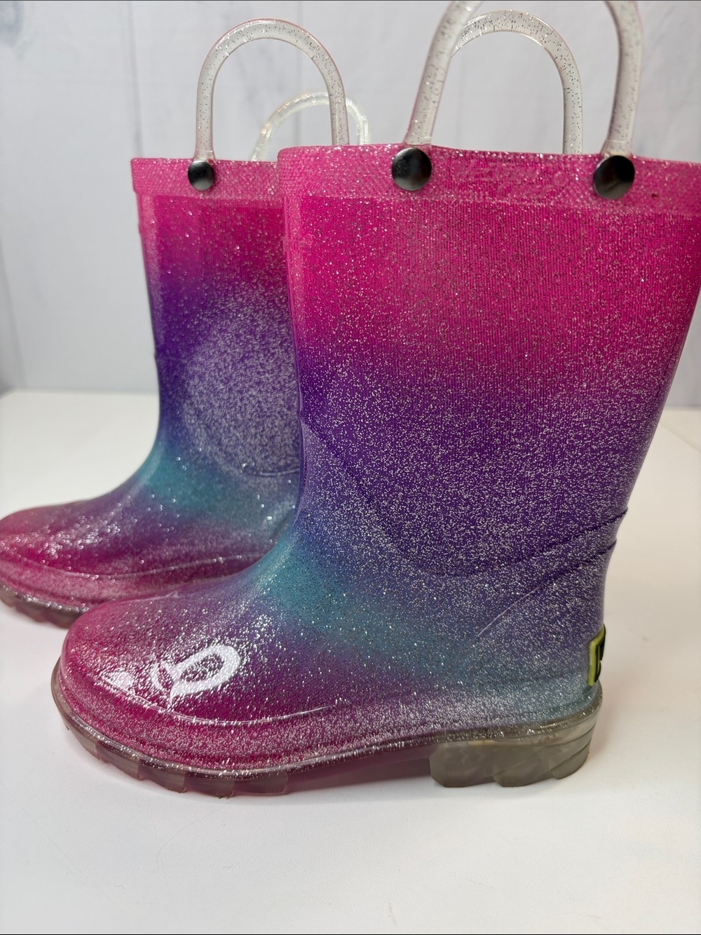 Western Chief Glitter Ombre Kids Rain Boots - Pink Purple Teal girls 10 Like New - Picture 4 of 8